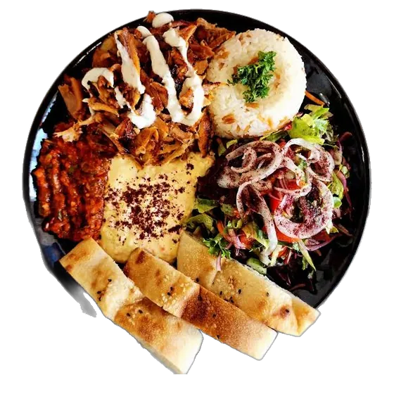 Grand plateau turc : döner, köfte, riz, salade et pain pide